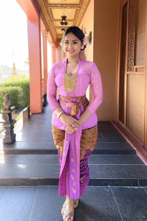 a woman in a pink and purple dress standing on a paved walkway, a picture inspired by I Ketut Soki, instagram, happening, wearing an ornate outfit, traditional beauty, with beautiful exotic, wearing pink floral chiton, batik, traditional dress, wearing beautiful clothes, traditional clothes, wearing traditional garb, wearing sari, with lovely look, very beautiful enga style