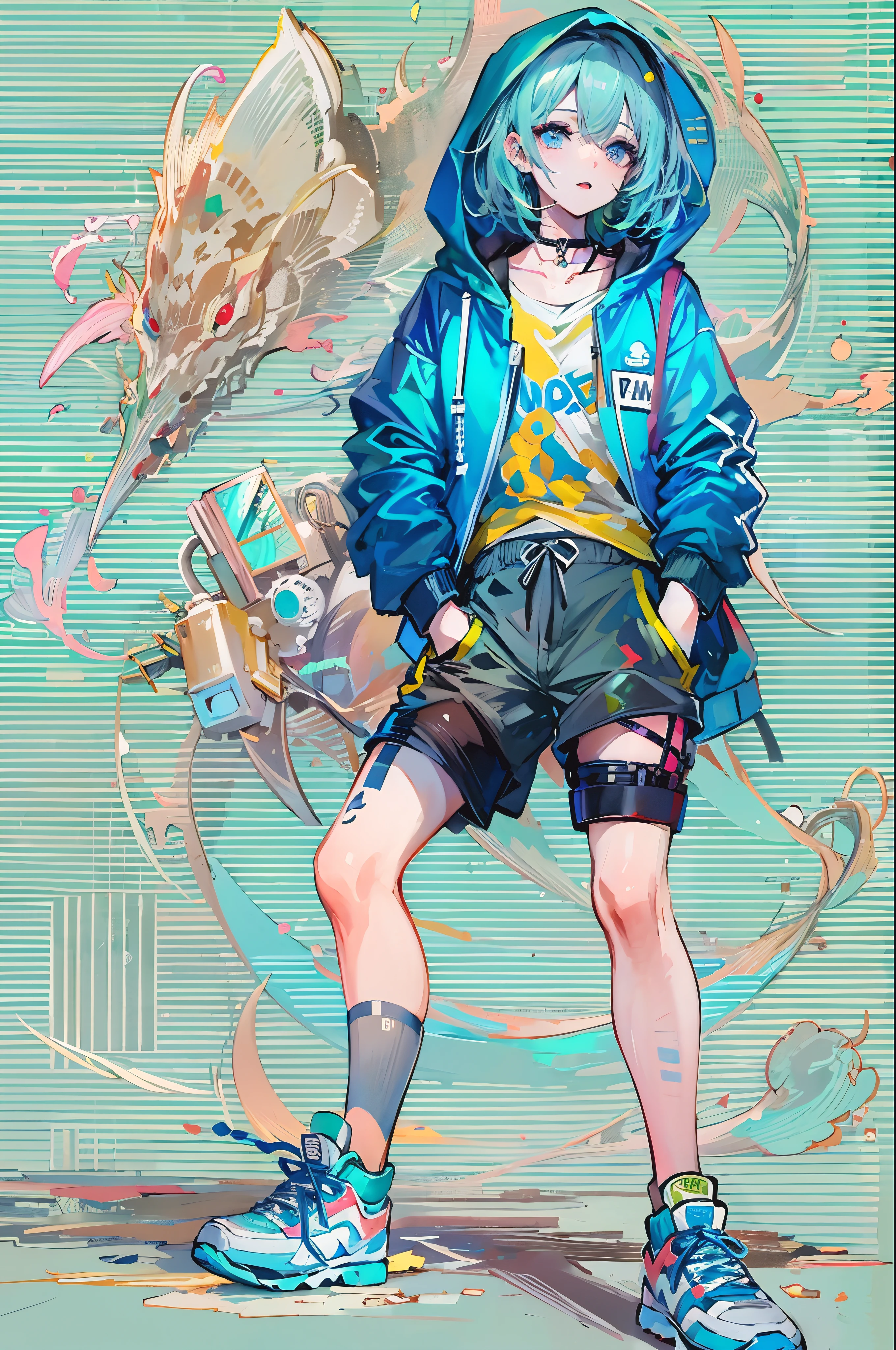 ((8K resolution))、((highest quality))、((masterpiece))、((Super detailed))、1 female、alone、incredibly absurd、oversized hoodie、headphones、street、outdoor、rain、neon、short cut hair、light colored eyes、put one'Hand in hand'pocket of、shorts、water dripping, step piece, cool blue open short jacket, tattoo, Messy Fade Cut Hair,quirky sneakers,Eyeshadow on the eyes,unusual colored eyes, bright eyes,