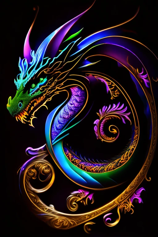 mysterious dragon, Black light painting, Arabesque background, HD