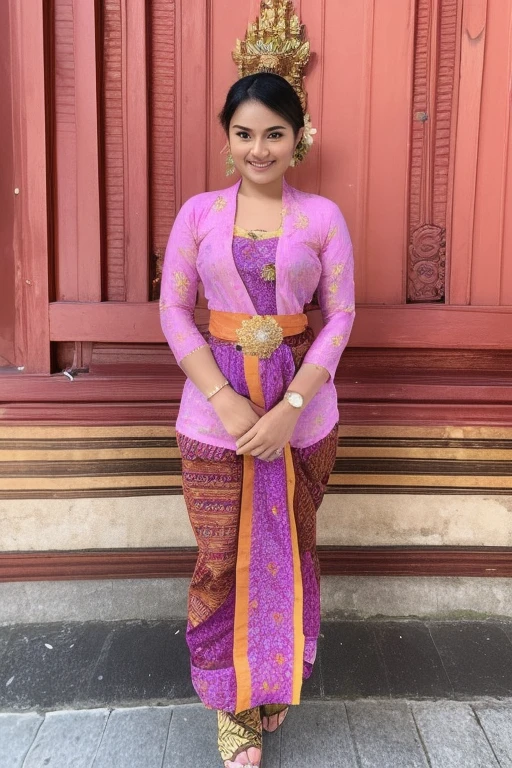 a woman in a pink and purple dress standing on a paved walkway, a picture inspired by I Ketut Soki, instagram, happening, wearing an ornate outfit, traditional beauty, with beautiful exotic, wearing pink floral chiton, batik, traditional dress, wearing beautiful clothes, traditional clothes, wearing traditional garb, wearing sari, with lovely look, very beautiful enga style
