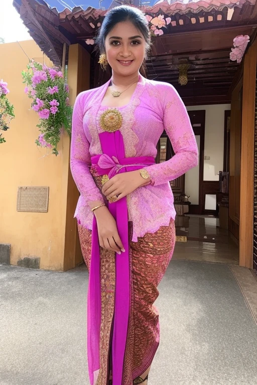 a woman in a pink and purple dress standing on a paved walkway, a picture inspired by I Ketut Soki, instagram, happening, wearing an ornate outfit, traditional beauty, with beautiful exotic, wearing pink floral chiton, batik, traditional dress, wearing beautiful clothes, traditional clothes, wearing traditional garb, wearing sari, with lovely look, very beautiful enga style