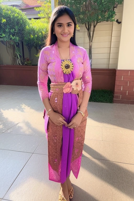 a woman in a pink and purple dress standing on a paved walkway, a picture inspired by I Ketut Soki, instagram, happening, wearing an ornate outfit, traditional beauty, with beautiful exotic, wearing pink floral chiton, batik, traditional dress, wearing beautiful clothes, traditional clothes, wearing traditional garb, wearing sari, with lovely look, very beautiful enga style