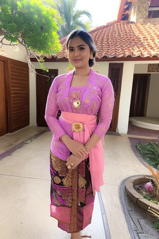 a woman in a pink and purple dress standing on a paved walkway, a picture inspired by I Ketut Soki, instagram, happening, wearing an ornate outfit, traditional beauty, with beautiful exotic, wearing pink floral chiton, batik, traditional dress, wearing beautiful clothes, traditional clothes, wearing traditional garb, wearing sari, with lovely look, very beautiful enga style