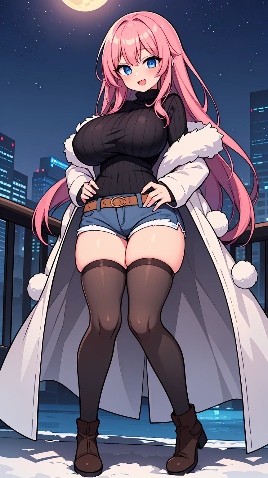 (masterpiece,best quality, detailed,hires:1.4),1girl,16yo,(solo:1.4),winter city scape,(big moon,detailed crescent moon,night sky,fine sky),BREAK,super dericate hair,pink hair,long hair,detailed face,beautiful detailed eyes,shining eyes,big eyes,tareme,bloom,glowing,glowing skin,(White fur coat), (gray turtleneck sweater1.4),(denim short shorts:1.2), (black stockings:1.4),(brown long boots:1.2),(huge breasts:1.2),close up breast,(happy:1.4),blush,(head to crotch:1.4),(feet are out of sight:1.4),from below,