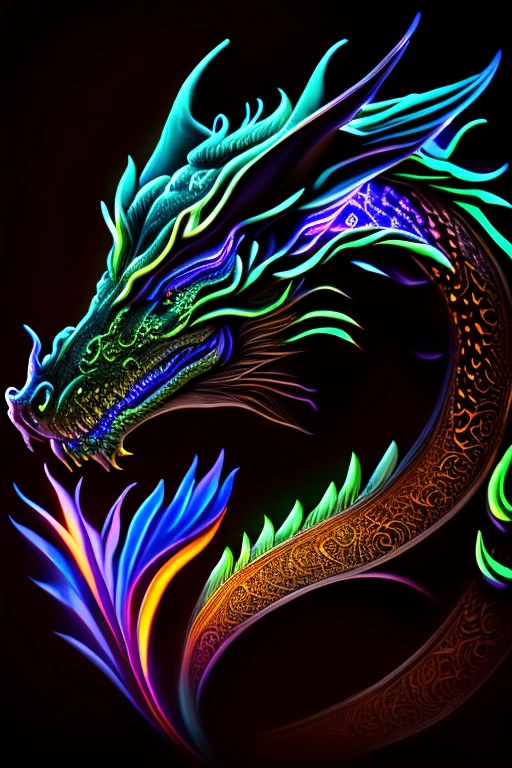 mysterious dragon, Black light painting, Arabesque background, HD