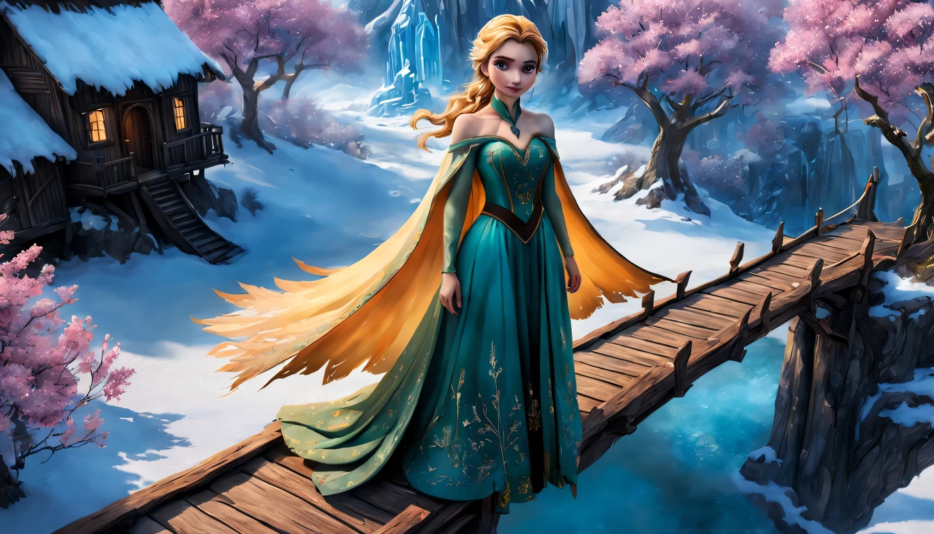 premiado, arte conceitual, belas artes, epic fantasy digital art, bird view,cinematic lighting, Vista descendente,plano super amplo,Viewing angle from afar,profundidade de campos,beautiful young lady (Ana de frozen ), (27 anos), ((((corpo inteiro)))), (((usando vestido longo amarelo claro)), The beauty of an idyllic country fairy tale,((cachoeira)),Pitoresca, pitoresco, Rustic, ((Campo de arroz;1.7)), ((Peach blossom tree)), ((Pequenos rios:1.4)), ((The treehouse is connected to the treehouse by a wooden bridge)), epic,