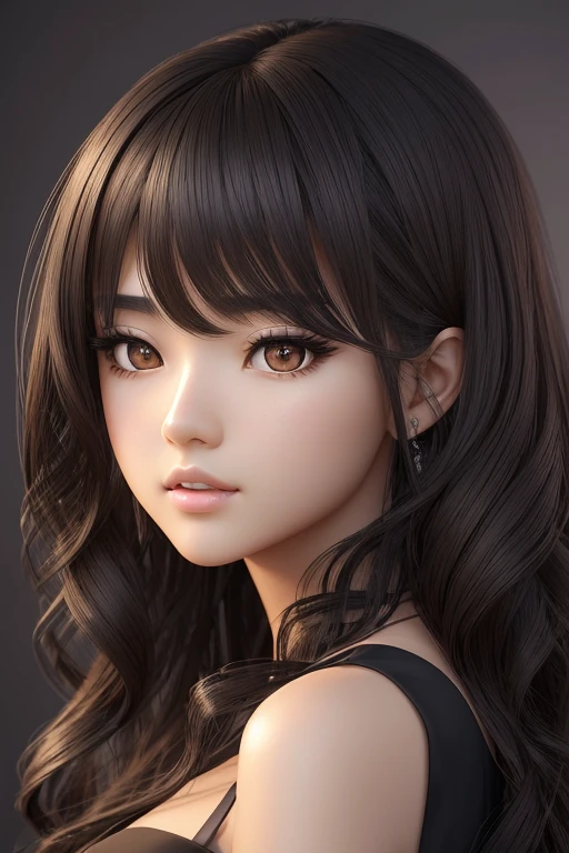 Detailed art, 3d character portrait, high resolution portrait, girl with Brazilian and Asian features, Japanese-like eyes, small and elegant lips, wavy hair with long bangs that extend a little past her light brown shoulders, deep gray eyes , soft purple and black eye makeup, elegant broad shoulders, in elegant black dress
