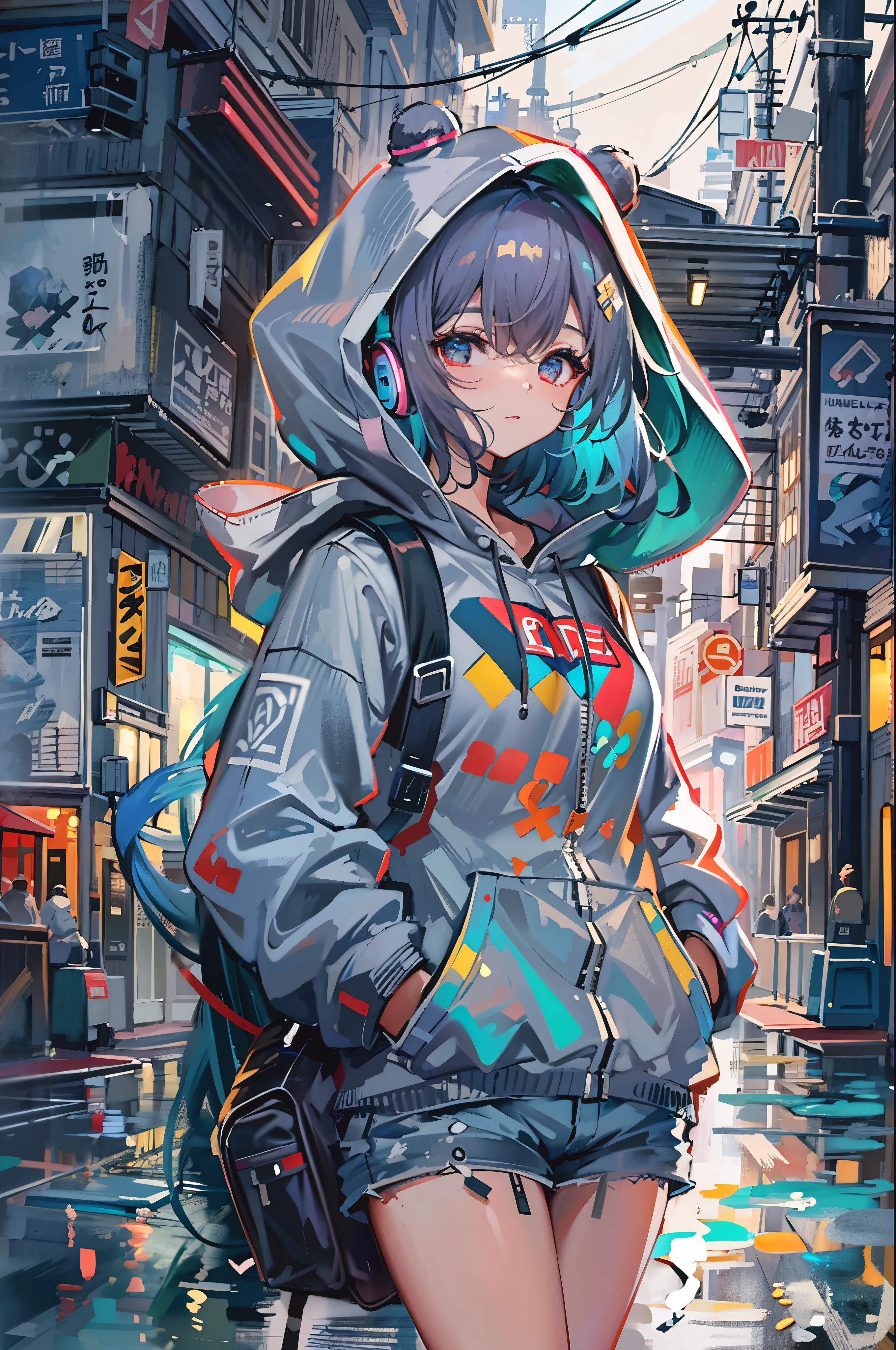 8K resolution、((highest quality))、((masterpiece))、((super detailed))、1 female、solo、incredibly absurd、oversized hoodie、headphones、street、outdoor、rain、neon、short cut hair、bright colored eyes、put one&#39;s hand in one&#39;s pocket、shorts、water dripping