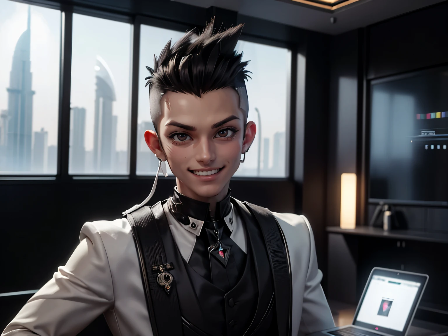 A man wearing a futuristic white tuxedo、gentle smile, grin, white teeth、(very short shaved sides), (black mohawk hair)、Operating a MacBook、Glass windows on one wall are open、Futuristic Dubai tower apartment room