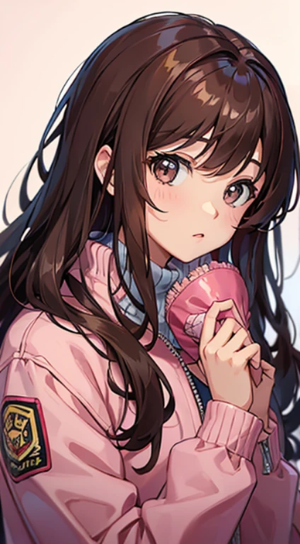 Brunette,Brown eyes,loose hair,pink jacket