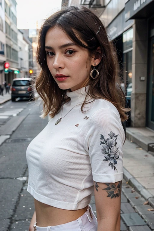 สาวbeautiful นักเรียนมัธยม,ผลworkชิ้นเอก,Light makeup,red lips,silver hair,long messy hair,street background,beautiful,grace。Very detailed details,work,Authentic texture,realistic movie lighting,完美的work,8ก,high resolution,exquisite face,White skinny turtleneck.,white shorts,Slim shape,Large bright eyes.,,earring,necklace,The tattoo is on.