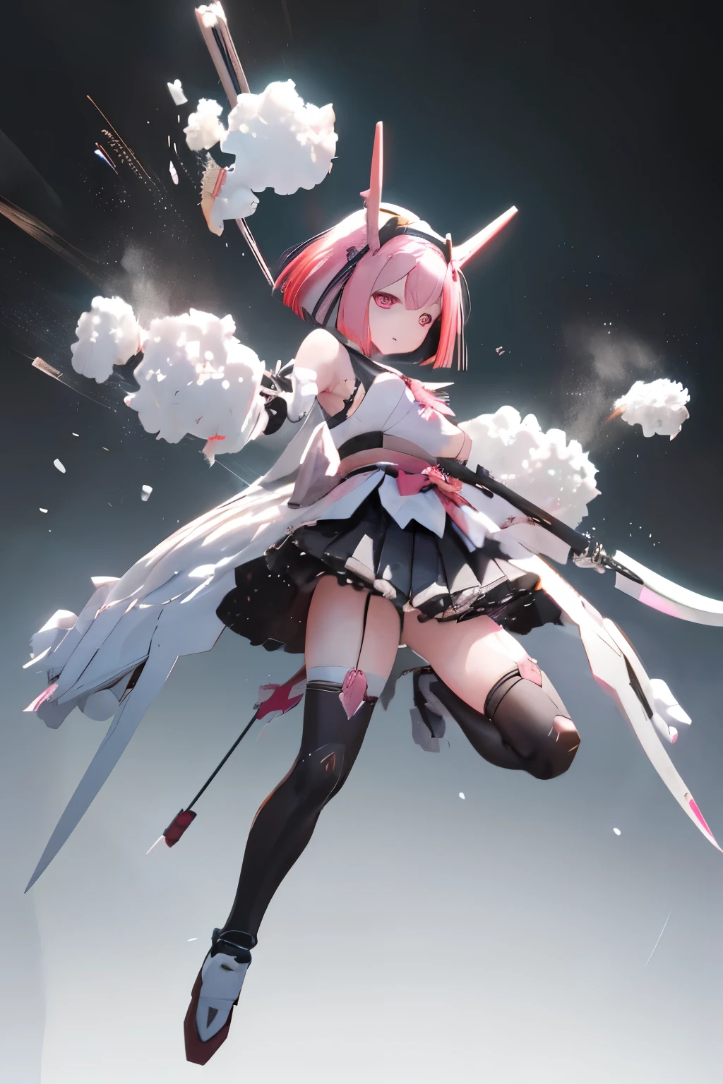 (highest quality)), ((masterpiece)), (very detailed: 1.3), 3D, {(japanese young girl)}, japanese girl wear gothic ta clothes with white frills, (She is fused with futuristic Gundam mecha:1.2), with headgear, with v-fin , armored shoulders,armored under arms, armored under legs, multilayer textureperfect proportions, octane rendering, duotone lighting, Low ISO, wide aperture, White balance, Rule of thirds, ultra HD16k, HDR (High Dynamic Range), Ray Tracing, NVIDIA RTX, Super Resolution, Subsurface Scattering, PBR Texturing, Post Processing, Anisotropic Filtering, Depth of Field, Maximum Clarity and Clarity, High efficiency subpixel, subpixel convolution, particles of light, light scattered, Tyndall effect, full body:1.5, battle pose, cute, (cute:1.2), (bob cut:1.3),三つ編み, 黒髪, 太い眉毛, 薄い色の虹彩, 大きくて輝いている黒い瞳, 長いまつげ, 小さく薄い色の自然な唇, (Average face of Japanese idols), (日本人特有の童顔:1.3), (baby face), 広いおでこ:1.2, ふっくらした頬, 小さな顎, visible side boob, (holding a huge weapon:1.5), in the hangar,looking at viewer,Focus on the eyes