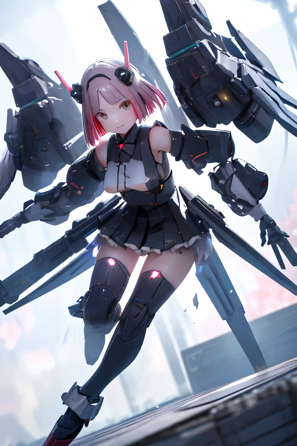 (highest quality)), ((masterpiece)), (very detailed: 1.3), 3D, {(japanese young girl)}, japanese girl wear gothic lolita clothes with white frills, (She is fused with futuristic Gundam mecha:1.2), with headgear, with v-fin , armored shoulders,armored under arms, armored under legs, multilayer textureperfect proportions, octane rendering, duotone lighting, Low ISO, wide aperture, White balance, Rule of thirds, ultra HD16k, HDR (High Dynamic Range), Ray Tracing, NVIDIA RTX, Super Resolution, Subsurface Scattering, PBR Texturing, Post Processing, Anisotropic Filtering, Depth of Field, Maximum Clarity and Clarity, High efficiency subpixel, subpixel convolution, particles of light, light scattered, Tyndall effect, full body:1.5, battle pose, cute, (cute:1.2), (bob cut:1.3),三つ編み, 黒髪, 太い眉毛, 薄い色の虹彩, 大きくて輝いている黒い瞳, 長いまつげ, 小さく薄い色の自然な唇, (Average face of Japanese idols), (日本人特有の童顔:1.3), (), 広いおでこ:1.2, ふっくらした頬, 小さな顎, visible side boob, (holding a huge weapon:1.5), in the hangar,looking at viewer,Focus on the eyes