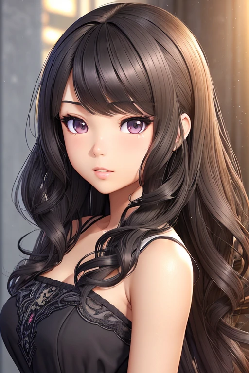 Detailed art, 3d character portrait, high resolution portrait, girl with Brazilian and Asian features, Japanese-like eyes, small and elegant lips, wavy hair with long bangs that extend a little past her light brown shoulders, deep gray eyes , soft purple and black eye makeup, elegant broad shoulders, in elegant black dress
