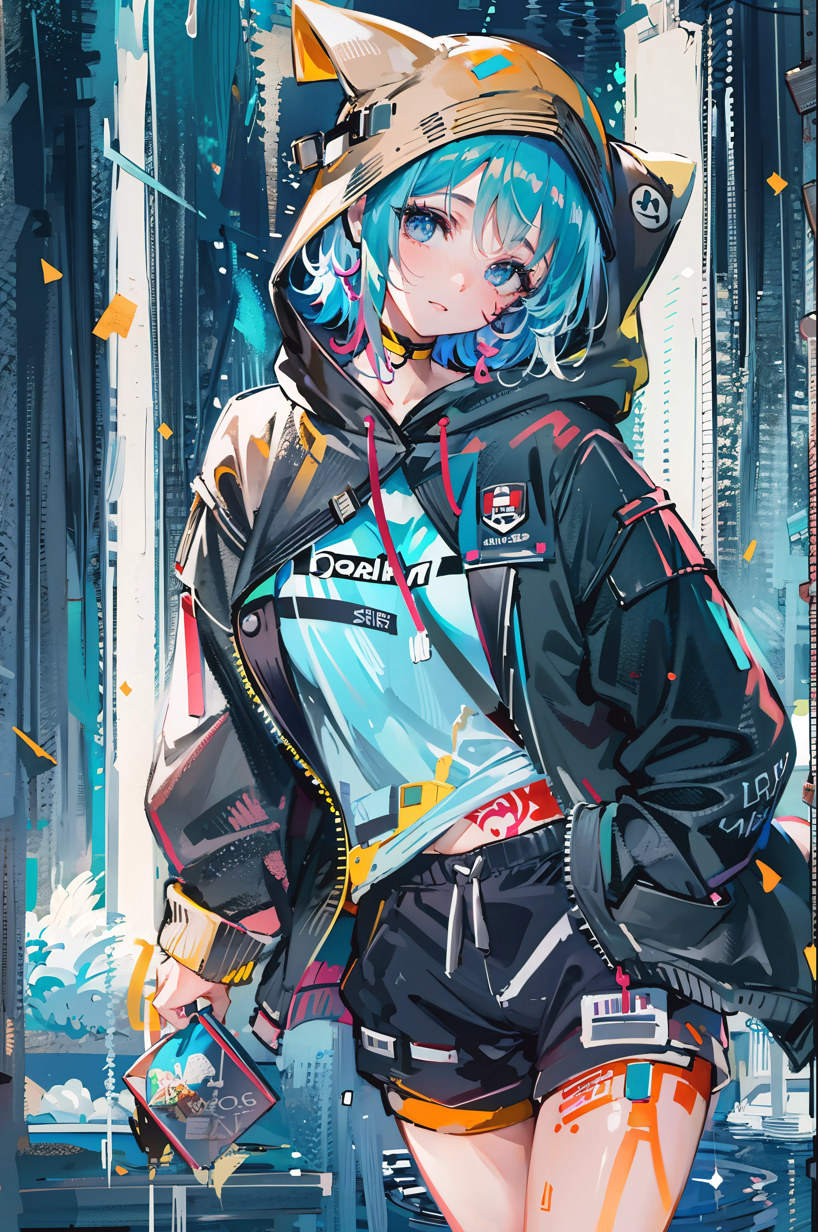 ((8K resolution))、((highest quality))、((masterpiece))、((Super detailed))、1 female、alone、incredibly absurd、oversized hoodie、headphones、rain、neon、short cut hair、light colored eyes、put one&#39;Hand in hand&#39;pocket of、shorts、water dripping, cool blue open short jacket, tattoo, Messy Fade Cut Hair,quirky sneakers,Eyeshadow on the eyes,unusual colored eyes, bright eyes,
