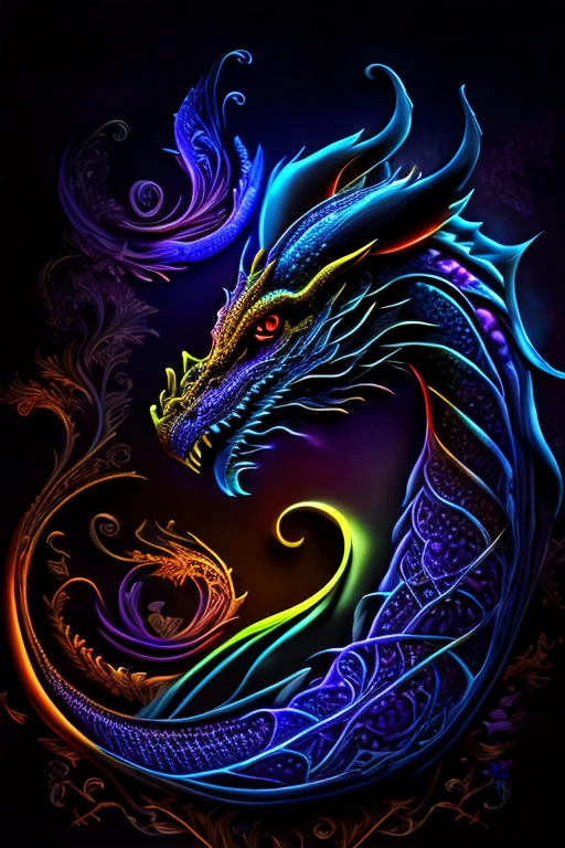 mysterious dragon, Black light painting, Arabesque background, HD