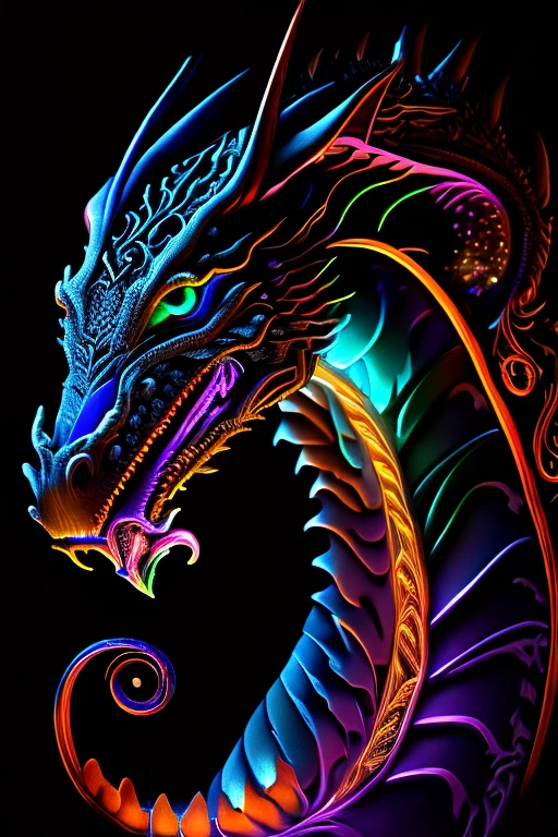 mysterious dragon, Black light painting, Arabesque background, HD