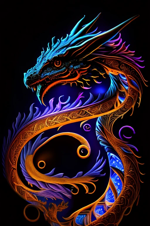 mysterious dragon, Black light painting, Arabesque background, HD