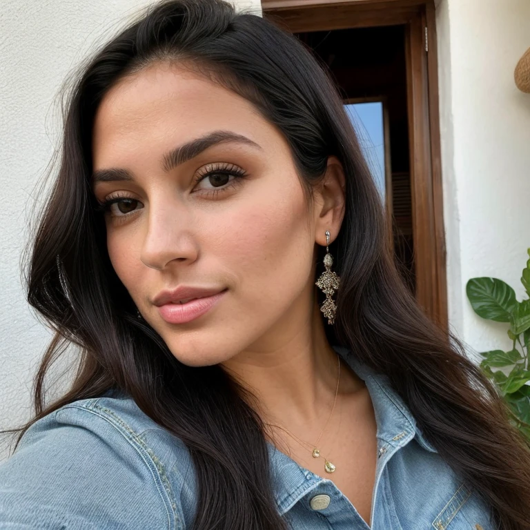 ((melhor qualidade)), ((obra de arte)), (detalhado), rosto perfeito (( ultra realista)) ((meia idade)) ((33 anos)) Very beautiful brunette with striking Latin Spanish features and long black hair, big green eyes wearing a black blouse and denim shorts in the European summer in Spain taking a selfie