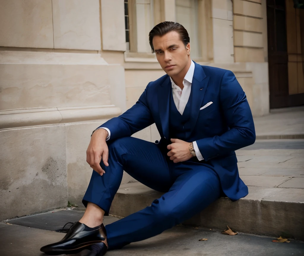 Un homme brun, in a blue striped double-breasted suit ,dark brown hair, slicked back hair, tres belle homme, muscle, vue de pied avec des chaussures de ville tres chic, un beau visage de jeune homme