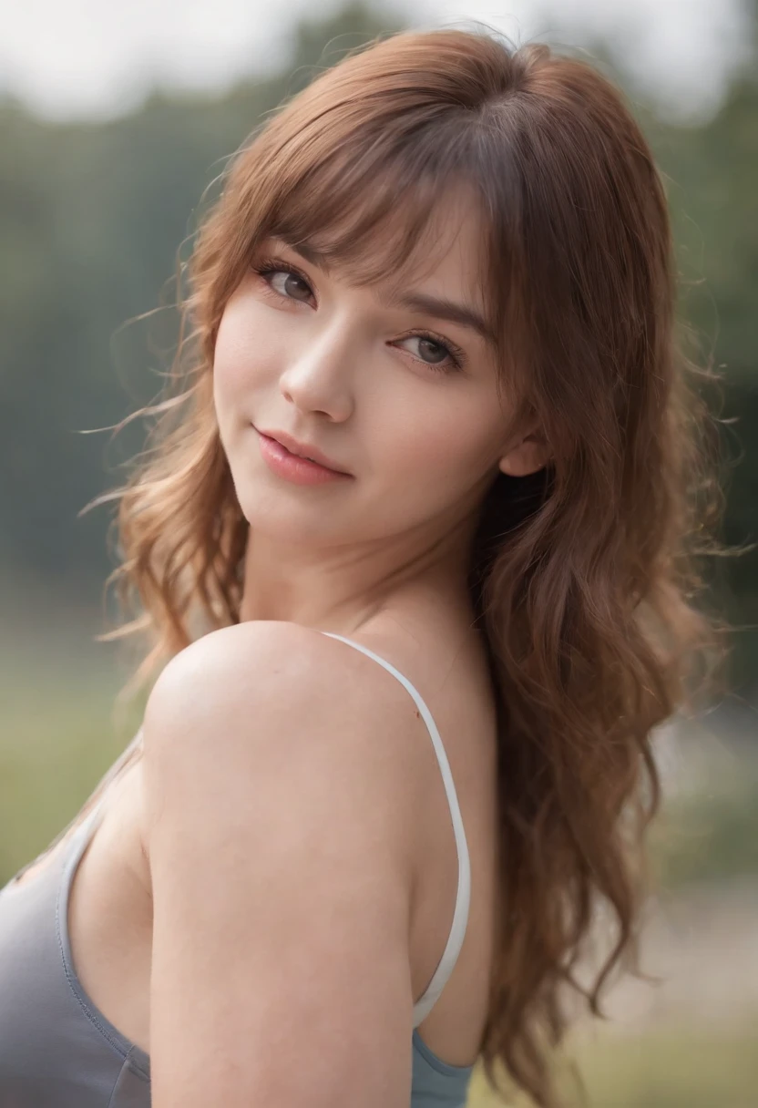 (8k, RAW photo, best quality, masterpiece:1.2), Hight detail TAW colour photo, professional photograph, (realistic, photo-realistic:1.37), ((best quality)), cinematic light, (finely detailed face:1.2), (masterpiece:1.5), (best quality:1.2), (bokeh:1.2), 35mm:1.25, wide angle, high angle:1.2, glamour shot, portrait photo, shot from her top front or side or back,close up:1.2, 1 girl, 19-year-old athlete, solo, white skin, cute, (Full body1.15),detailed skin texture, glistening skin, detailed beautiful and delicate face:1.3, athletic sportswear, padded Crop Top, big natural breast, narrow waist, detailed hair with bangs, detailed long messy hair:1.3, random hairstyle, Smiling:1.2, she feels hot and sweating, workout in the gym room,