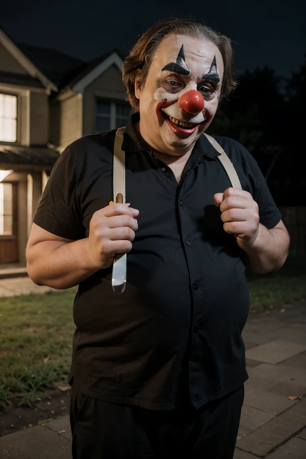 melhor qualidade, an old, ugly and fat man in black clothes with a clown mask with a knife in his hand, muito realista, corpo todo, em frente a uma casa a noite, com luzes, terror, ultra realista