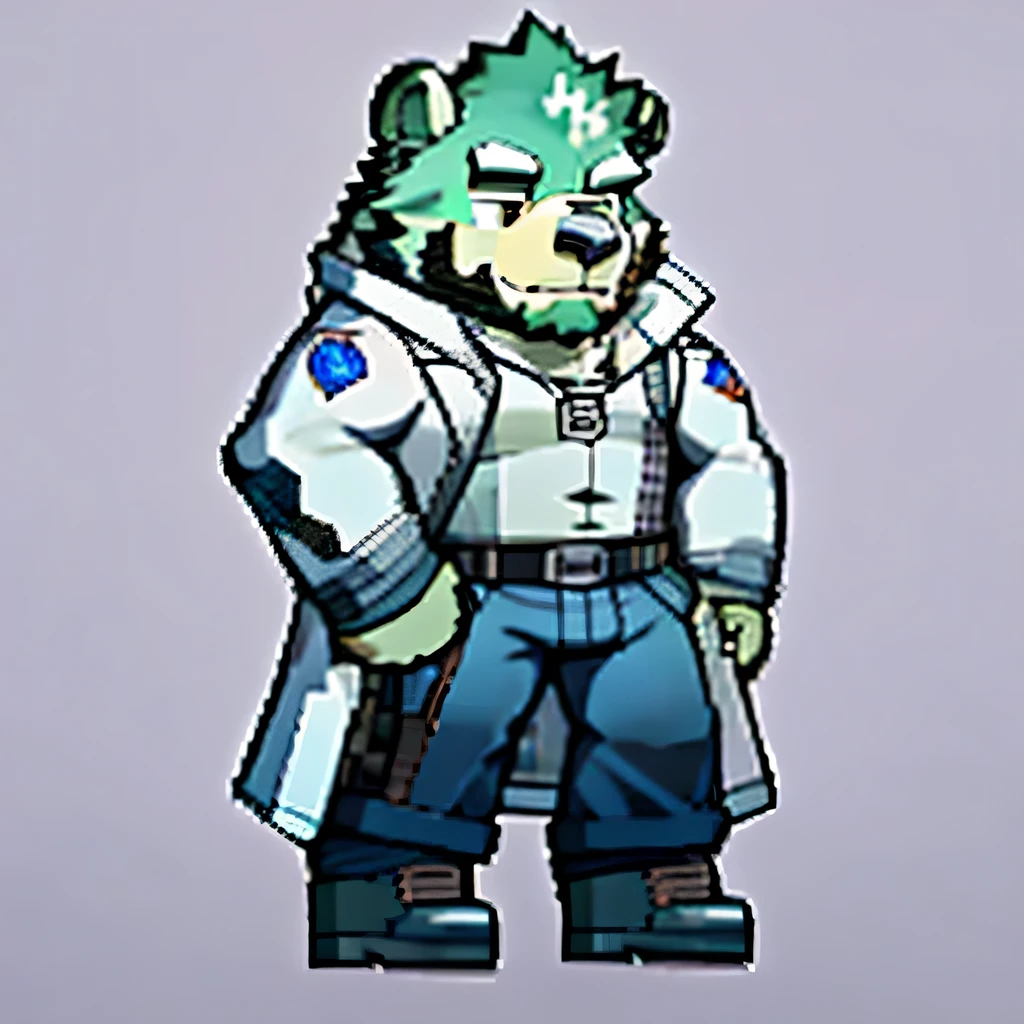 masterpiece, best quality, chibi, furry, furry bear, green fur, Jinpei, (full body), simple background, ((long white coat)), (black inner protective suit), ((gray pants)), ((military shoes)), look to the side, beard, middle age, dad bod,