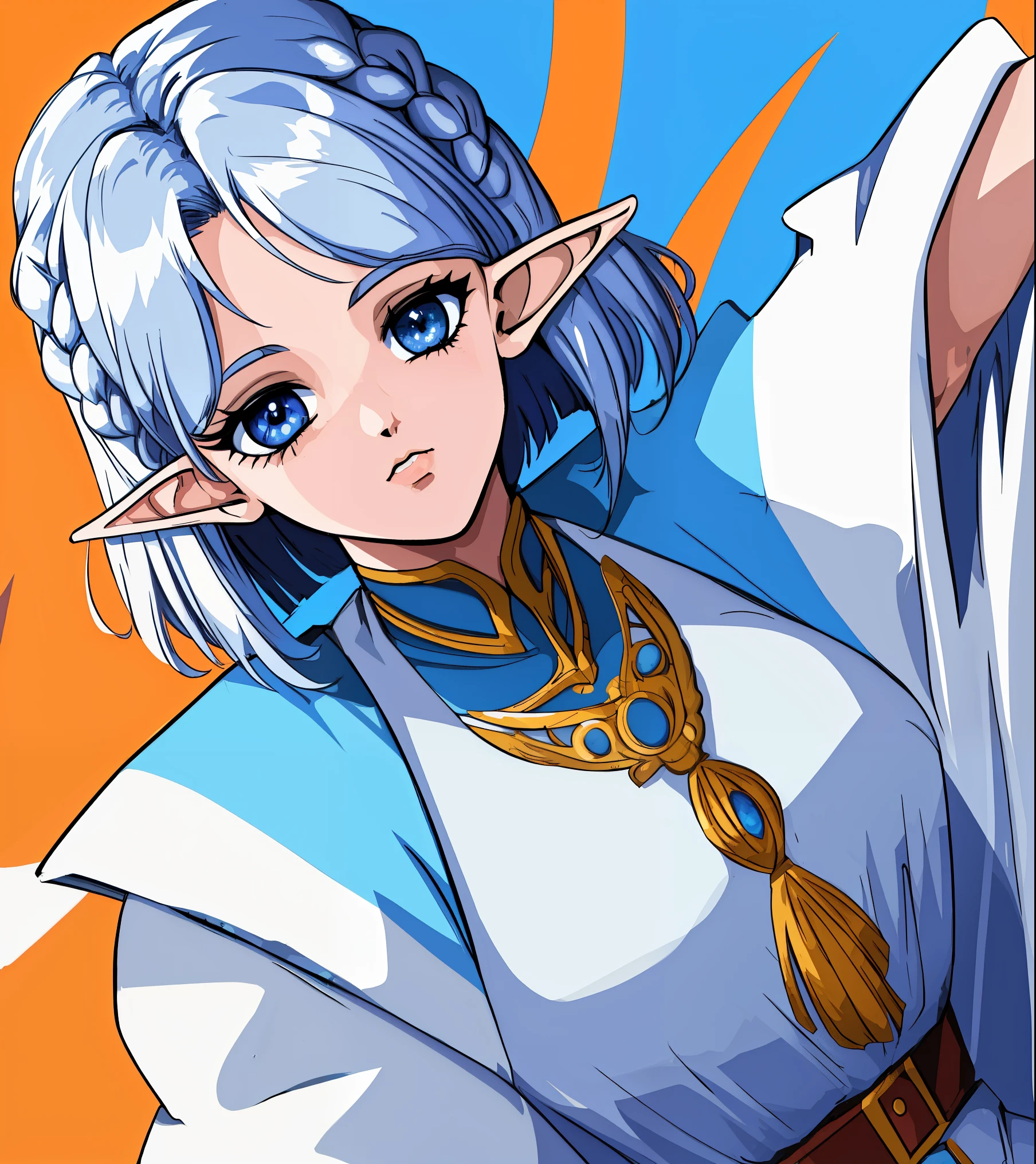 8k, 4k, (highres:1.1), best quality, (masterpiece:1.3), 1990s \\(style\\), retro artstyle, fantasy, background, portrait, face, 3/4 angle, 1girl, female elf, Olive Skin, blue eyes, white hair, short bob haircut, multiple braids, 