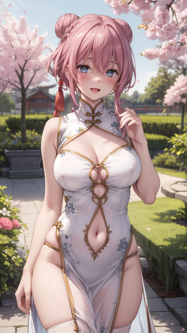 (best quality,4k,8k,highres,masterpiece:1.2),ultra-detailed,(realistic,photorealistic,photo-realistic:1.37),anime,breasts,pink hair,dress,navel,thighhighs,blue eyes,long hair,1girl,navel cutout,china dress,chinese clothes,clothing cutout,braid,large breasts,open mouth,double bun,hair bun,porcelain skin,soft lighting,vibrant colors,pink color palette,lush garden background,subtle breeze,floating flower petals,playful expression,innocent gaze,lovely smile,slightly tousled hair,fair complexion,slim waist,feminine figure,lively and energetic pose,streaming sunlight through the trees,elegant posture,flowing movement,delicate fingers,soft and flowing fabric,rustling leaves,subtle blush on cheeks,peaceful and serene atmosphere
