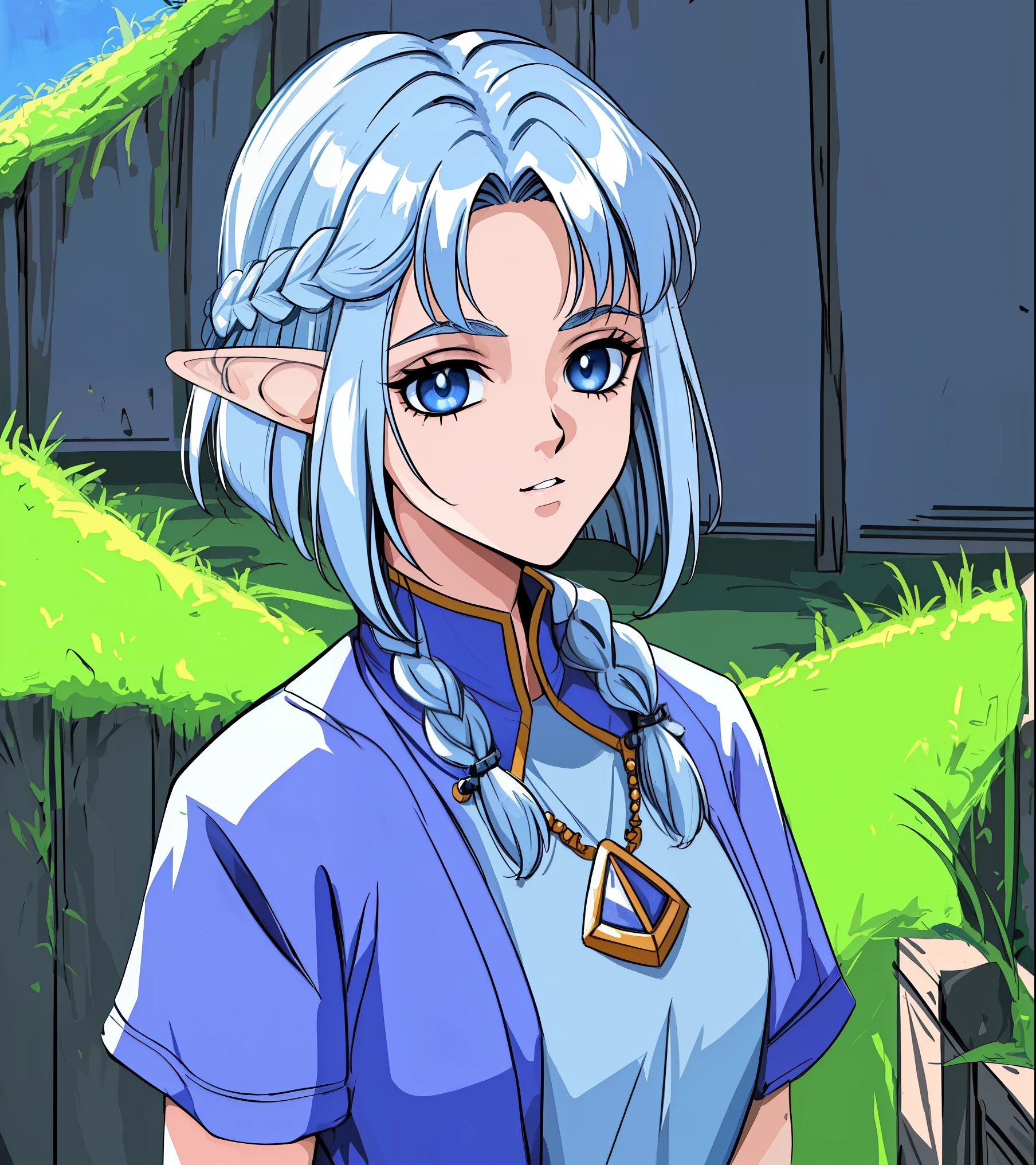 8k, 4k, (highres:1.1), best quality, (masterpiece:1.3), 1990s \\(style\\), retro artstyle, fantasy, background, portrait, face, 3/4 angle, 1girl, female elf, Olive Skin, blue eyes, white hair, short bob haircut, multiple braids, 