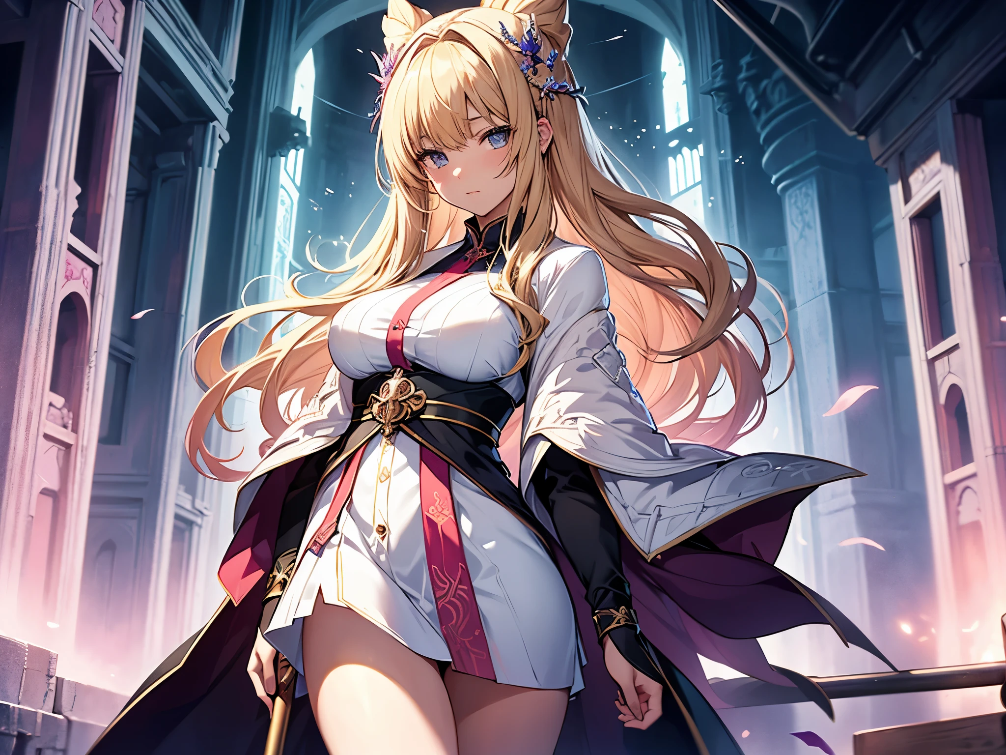 Her clothes are torn to shreds, revealing her underwear. Her underwear is pink.
Illustration of Elina, a female clergywoman with a fantasy theme. She is depicted as a wise and beautiful character with blonde hair and a flowing robe with intricate designs. Her hair is long and elegantly styled, and she carries a staff symbolizing her spiritual healing powers. The background should reflect an atmosphere of mystery and serenity and incorporate subtle magical elements to enhance the fantasy setting. Elina's expression is calm and confident, embodying her role as a supportive and compassionate healer in the group.