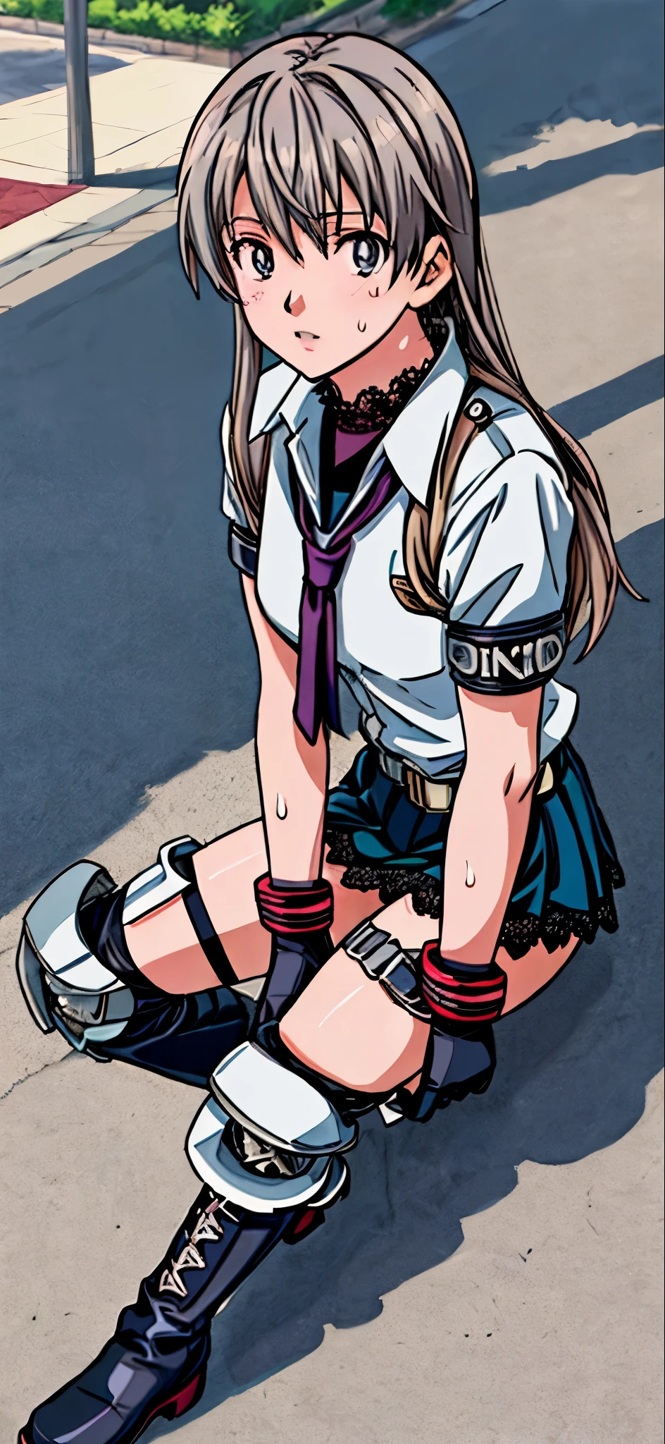 (highest quality,4K,8K,High resolution,table top:1.2), Super detailed, (realistic,photorealistic,photo-realistic:1.37), ((whole body)),sickly beautiful girl, ((sweating)),panic, I was surprised,painful,((gray hair color)),((long hair)), ((she is fall on the ground)),((hair above the eyes)),((high school girl uniform)),((Wear black open finger gloves)),((Black Lace Up Long Boots)),((knee pads)),((foot brace)),espadrilles,beautiful and detailed eyes, beautiful detailed lips, highly detailed eyes and face, long eyelashes, realistic anime 3D style, Smooth anime CG art, Digital rendering by Makoto Shinkai, Moe anime art style, photorealistic rendering of an anime girl, Shinkai Makoto style, Cute anime girl visuals, realistic young anime girl, girl fan art, Created by Anime Artist'studio of.