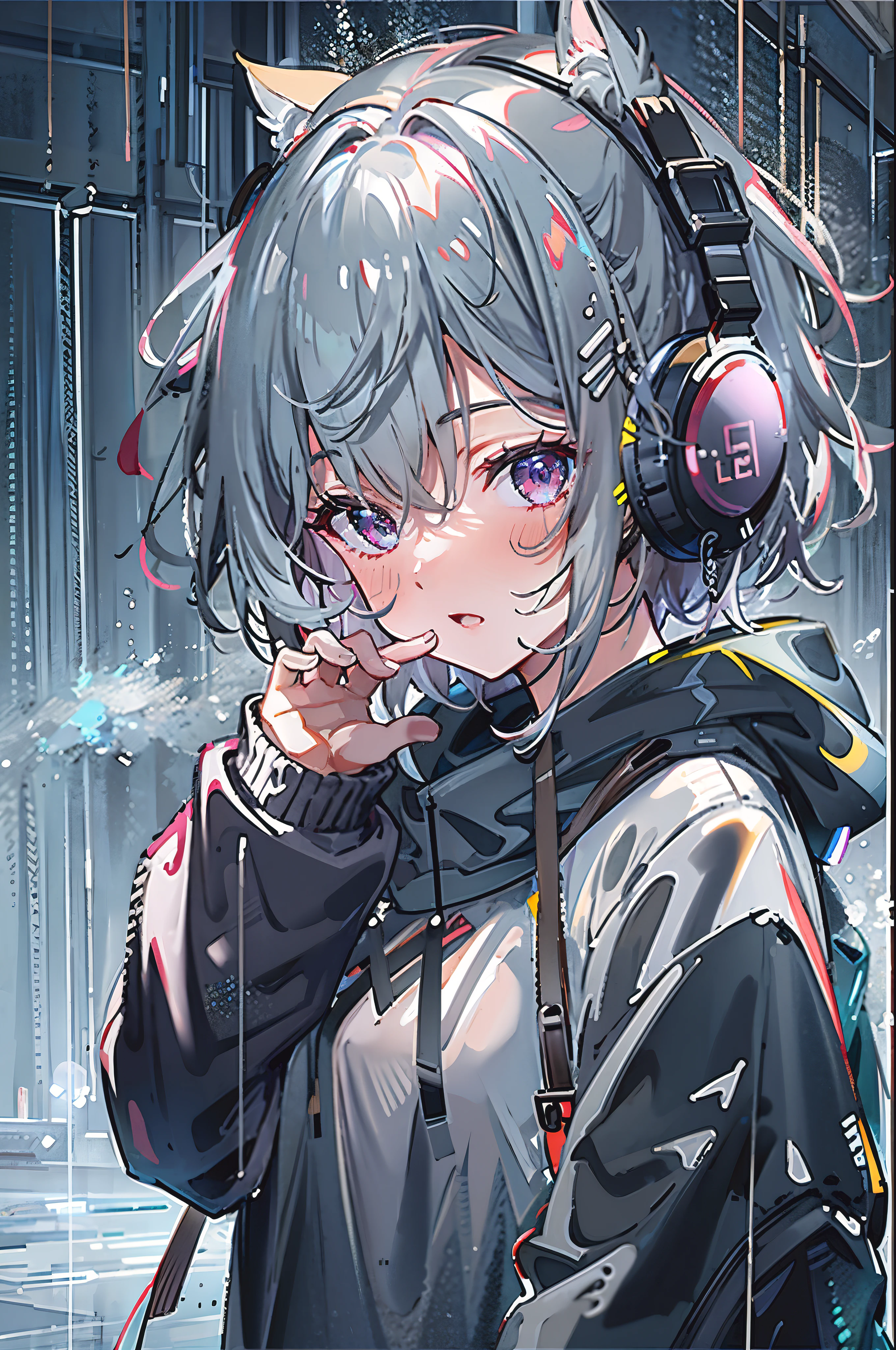 8K resolution、((highest quality))、((masterpiece))、((Super detailed))、1 female、alone、oversized hoodie、headphones、street、outdoor、rain、neon、short cut hair、light colored eyes、put one'Hand in hand'pocket of、shorts、water dripping、downer style