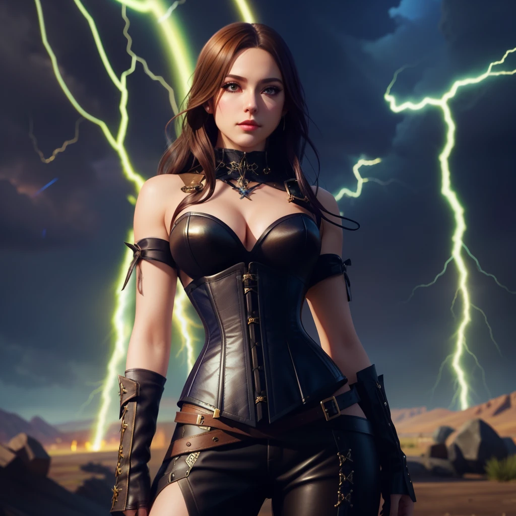 a woman in a corset and leather outfit standing in front of a lightning, extremely detailed artgerm, ig model | artgerm, artgerm style, 2. 5 d cgi anime fantasy artwork, style of artgerm, style artgerm, epic fantasy digital art style, artgerm. anime illustration, in style of artgerm