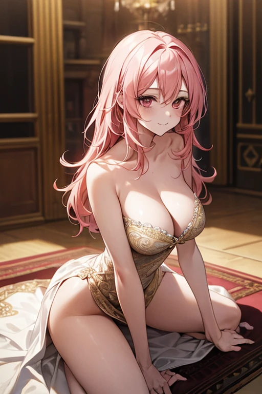 {{{{masterpiece}}}}, {{{super detailed}}}, {{{High resolution}}}, {{excellent anatomy}}, (((highest quality))), ((very delicate and beautiful)), {{very detailed and delicate}}, extremely detailed, solo, One female、best style、beautiful woman、The most beautiful woman in the world、(Sheer sexy dress:1.5),((big breasts))、(((long pink hair)))、Inside the chalk palace, baroque architecture, elegant walkways between towers, in luminist baroque style, royal palace, Baroque symmetry, Italian Renaissance architecture, Endless corridors, Rococo architecture, baroque palace,extremely detailedな瞳, solo, perfect face, pretty face, highly detailed face,Rich facial expressions、smile、(muste piece), (best quality)、red eyes、sexy pose、sexy woman、beautiful and detailed design、nipple