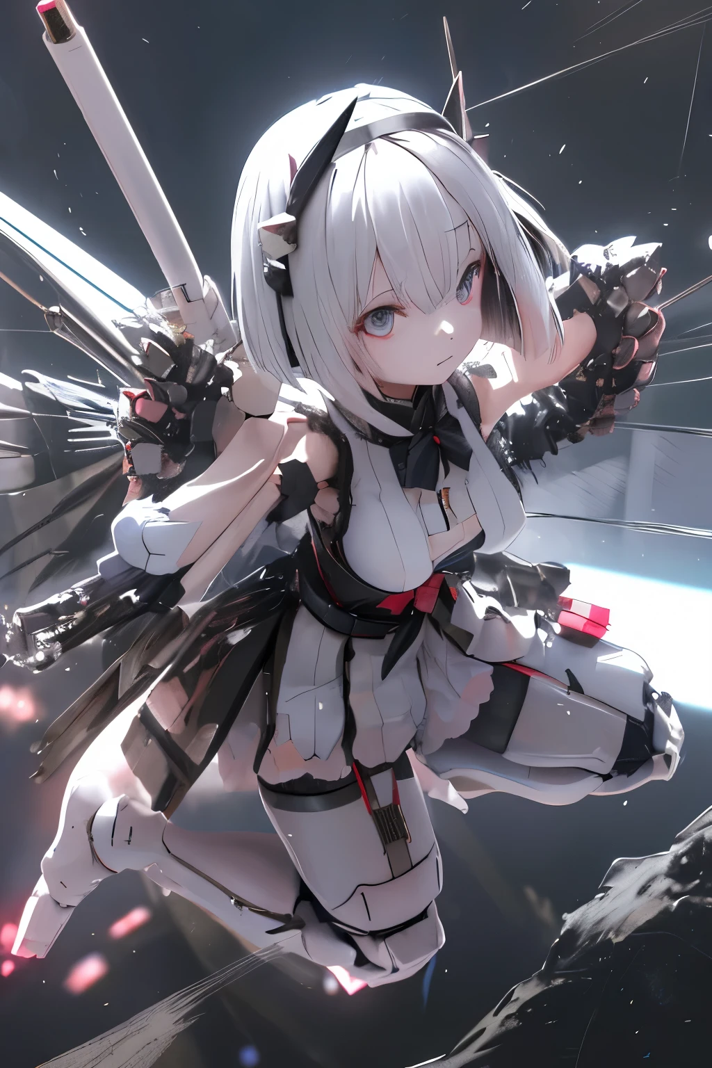 (highest quality)), ((masterpiece)), (very detailed: 1.3), 3D, {(japanese young girl)}, japanese girl wear gothic lolita clothes with white frills, (She is fused with futuristic Gundam mecha:1.2), with headgear, with v-fin , armored shoulders,armored under arms, armored under legs, multilayer textureperfect proportions, octane rendering, duotone lighting, Low ISO, wide aperture, White balance, Rule of thirds, ultra HD16k, HDR (High Dynamic Range), Ray Tracing, NVIDIA RTX, Super Resolution, Subsurface Scattering, PBR Texturing, Post Processing, Anisotropic Filtering, Depth of Field, Maximum Clarity and Clarity, High efficiency subpixel, subpixel convolution, particles of light, light scattered, Tyndall effect, full body:1.5, battle pose, cute, (cute:1.2), (bob cut:1.3),三つ編み, 黒髪, 太い眉毛, 薄い色の虹彩, 大きくて輝いている黒い瞳, 長いまつげ, 小さく薄い色の自然な唇, (Average face of Japanese idols), (日本人特有の童顔:1.3), (baby face), 広いおでこ:1.2, ふっくらした頬, 小さな顎, visible side boob, (holding a huge weapon:1.5), in the hangar,looking at viewer,Focus on the eyes , (完璧な4本の指, 親指1本),