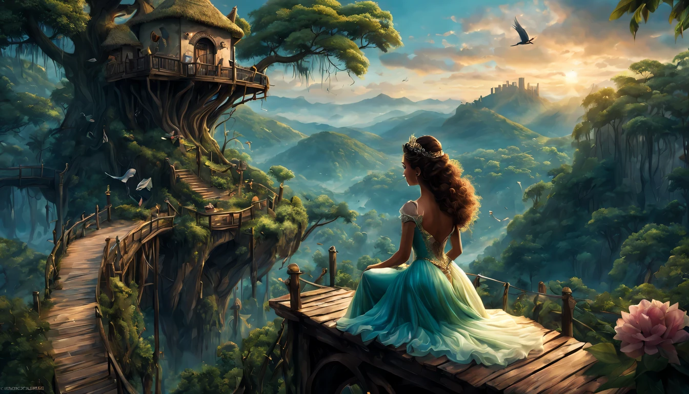premiado, arte conceitual, belas artes, epic fantasy digital art, bird view，cinematic lighting, Vista descendente，plano super amplo，Viewing angle from afar，profundidade de campos，beautiful young lady (Princesa Tiana "princesa e o sapo" ), (27 anos), ((((corpo inteiro)))), (((usando vestido longo Azul claro)), The beauty of an idyllic country fairy tale，((cachoeira))，Pitoresca, pitoresco, Rustic, ((Campo de arroz;1.7)), ((Peach blossom tree)), ((Pequenos rios:1.4)), ((The treehouse is connected to the treehouse by a wooden bridge)), epic,
