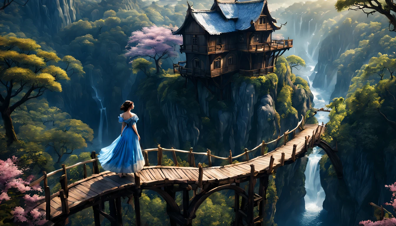 premiado, arte conceitual, belas artes, epic fantasy digital art, bird view,cinematic lighting, Vista descendente,plano super amplo,Viewing angle from afar,profundidade de campos,beautiful young lady (Branca de Neve ), (27 anos), ((((corpo inteiro)))), (((usando vestido longo Amarelo com Azul claro)), The beauty of an idyllic country fairy tale,((cachoeira)),Pitoresca, pitoresco, Rustic, ((Campo de arroz;1.7)), ((Peach blossom tree)), ((Pequenos rios:1.4)), ((The treehouse is connected to the treehouse by a wooden bridge)), epic,