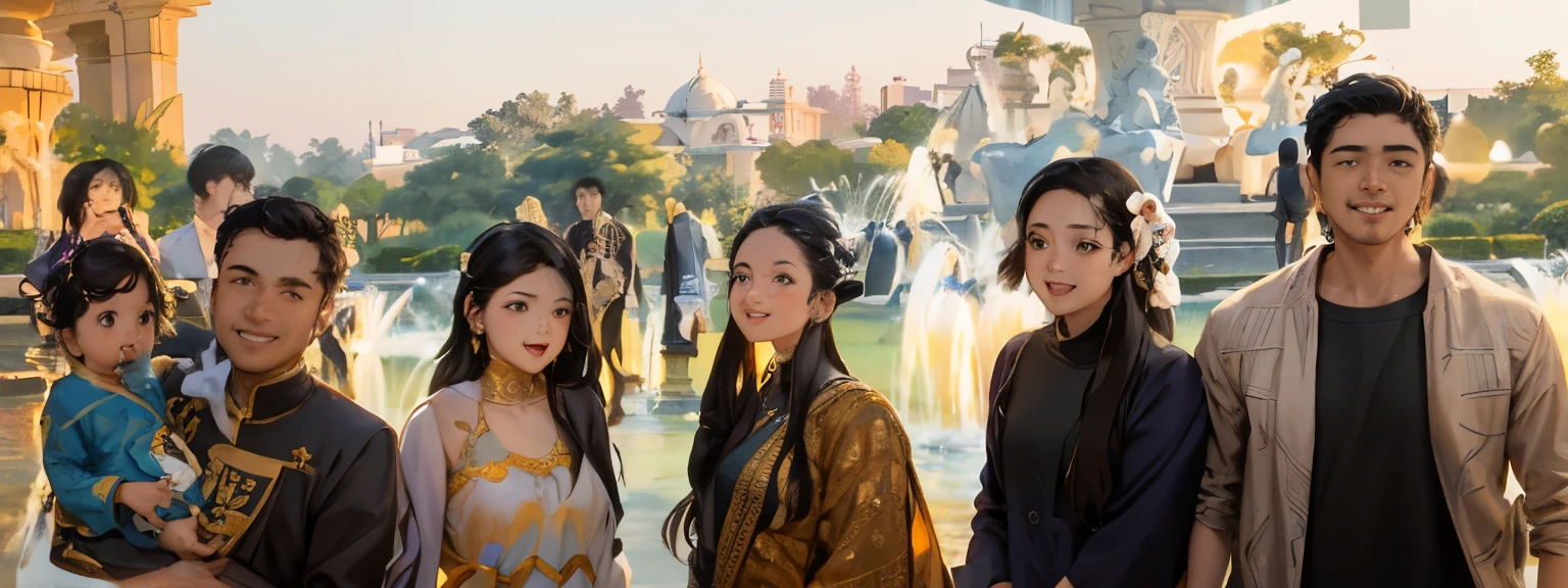 several people standing in front of a fountain with a baby, of a family standing in a park, happy family, taken with the best dlsr camera, taken with sony alpha 9, taken at golden hour, beautiful futuristic new delhi, photo taken with canon 5d, shot on nikon z9, shot with sigma f / 4. 2