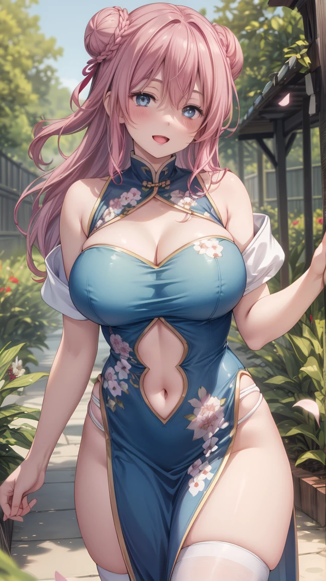 huge breasts, (best quality,4k,8k,highres,masterpiece:1.2),ultra-detailed,(realistic,photorealistic,photo-realistic:1.37),anime,breasts,pink hair,dress,navel,thighhighs,blue eyes,long hair,1girl,navel cutout,china dress,chinese clothes,clothing cutout,braid,large breasts,open mouth,double bun,hair bun,porcelain skin,soft lighting,vibrant colors,pink color palette,lush garden background,subtle breeze,floating flower petals,playful expression,innocent gaze,lovely smile,slightly tousled hair,fair complexion,slim waist,feminine figure,lively and energetic pose,streaming sunlight through the trees,elegant posture,flowing movement,delicate fingers,soft and flowing fabric,rustling leaves,subtle blush on cheeks,peaceful and serene atmosphere