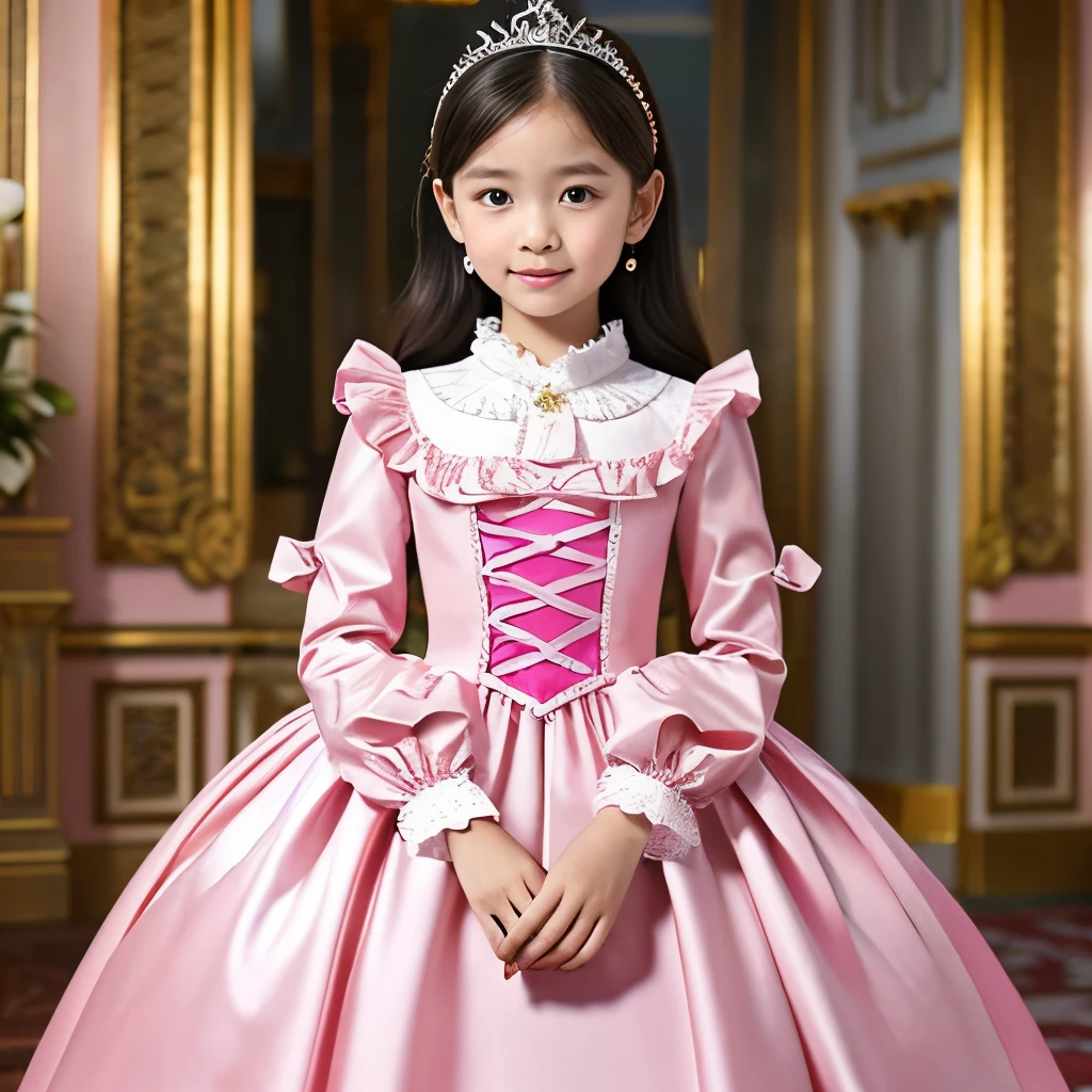 highest quality, masterpiece, highest resolution, artwork, super become familiar with, many be familiar with, be familiar with, become familiar with, a child girl,(),the girl is a princess,everyone wears a tiara on their head,((All wearing voluminous pink Victorian dresses。, Full-length hoop skirt.)),long sleeve,long dress,A dress with lots of frills and ribbons,luxury,inside the palace,Satin fabric dresses,