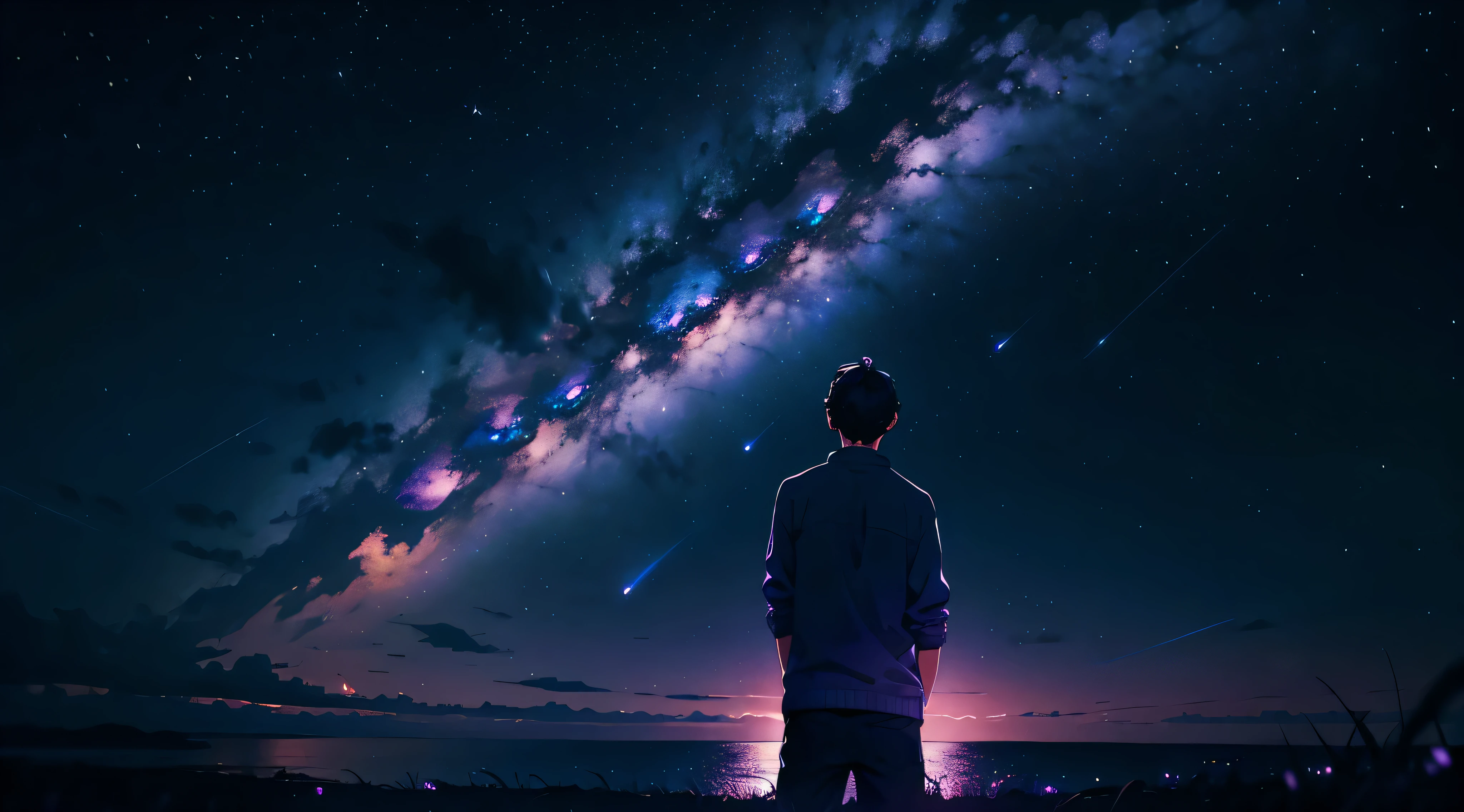 Lonely boy looking at the sky at night, where the great Milky Way galaxy is visible in violet-blue, stretching beyond the horizon.. long distant shot. Cinematic. Wide Angle. 4K.