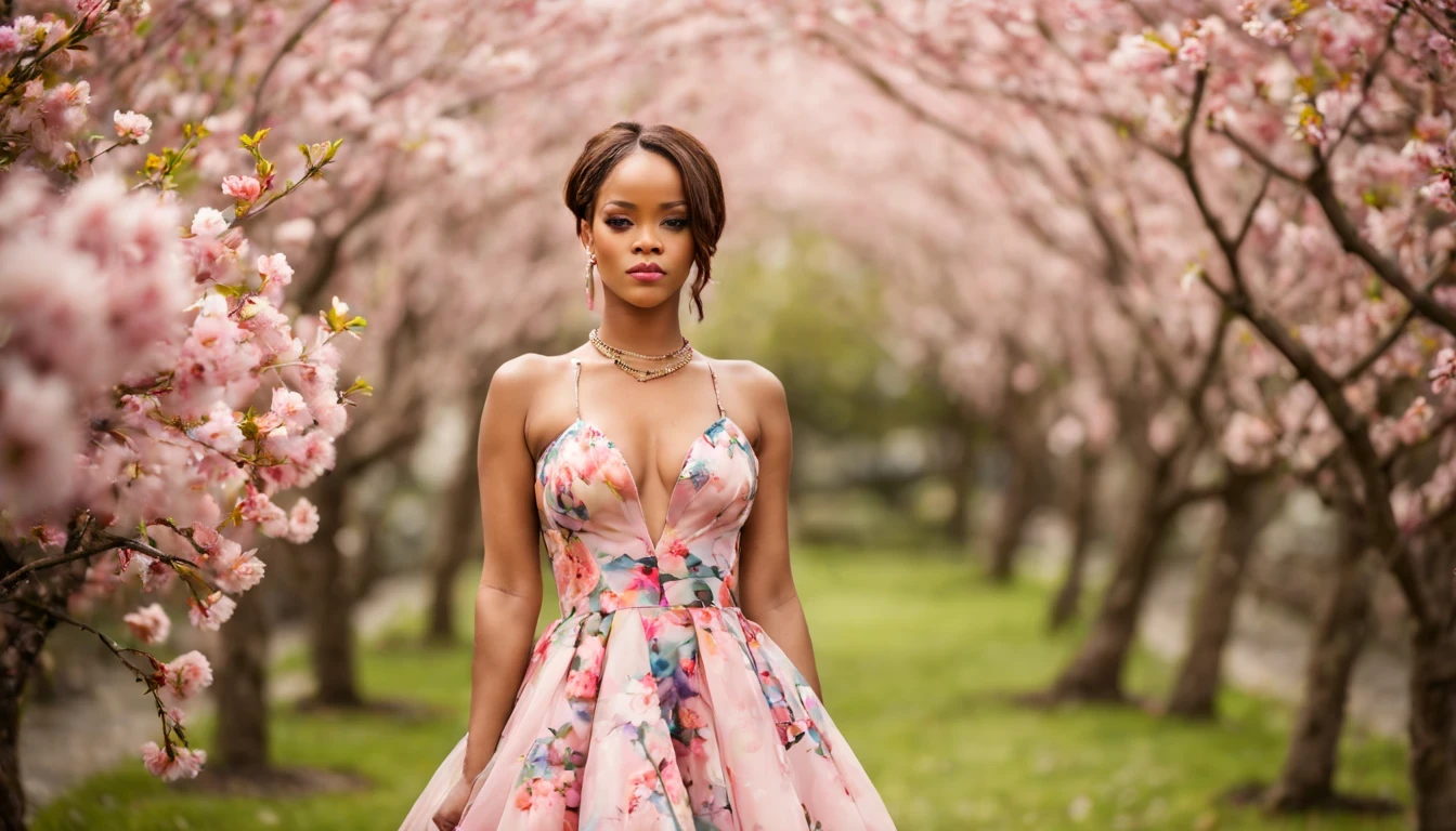 (fotografia de alta qualidade), beautiful young lady (Rihanna), (27 anos), long, colorful dress in pastel tones, o corpo cercado de flores de cerejeiras, standing and posing fantasy in cherry blossom garden, desfoque de profundidade, bokeh, 300 DPI, atmosfera encantadora, foto, 8k, dynamic action,