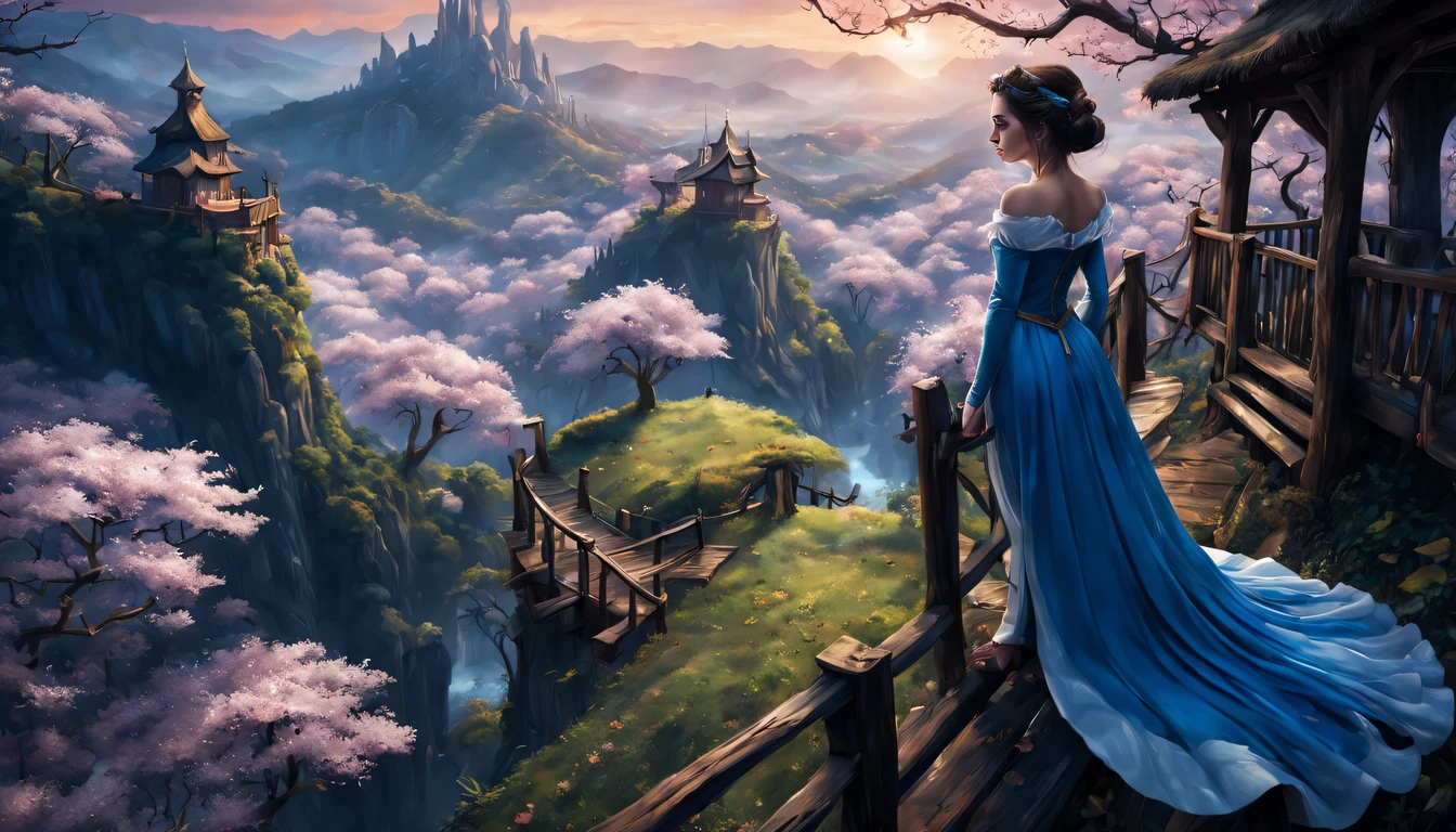 premiado, arte conceitual, belas artes, epic fantasy digital art, bird view,cinematic lighting, Vista descendente,plano super amplo,Viewing angle from afar,profundidade de campos,beautiful young lady (Branca de Neve ), (27 anos), ((((corpo inteiro)))), (((usando vestido longo Amarelo com Azul claro)), The beauty of an idyllic country fairy tale,((cachoeira)),Pitoresca, pitoresco, Rustic, ((Campo de arroz;1.7)), ((Peach blossom tree)), ((Pequenos rios:1.4)), ((The treehouse is connected to the treehouse by a wooden bridge)), epic,