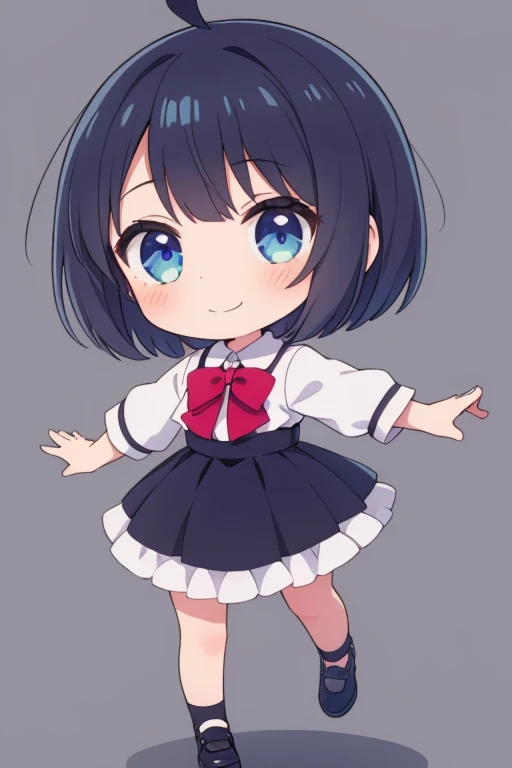 ((highest quality)), ((masterpiece)), (be familiar with), chibi,whole body, perfect face, one girl, black hair, short hair, Background pink single color , upright, ,bare hands,smile,Ahoge