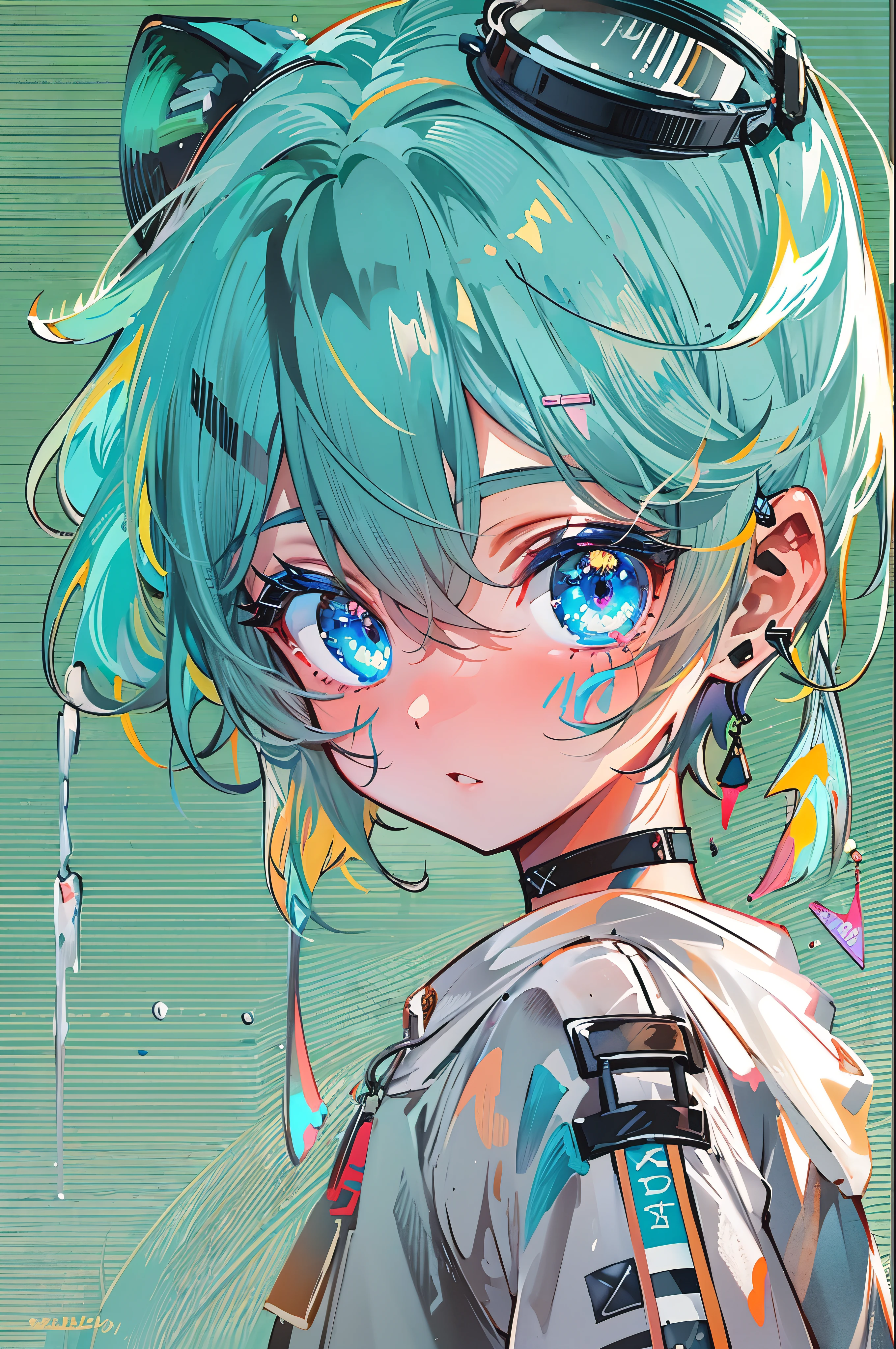 ((8K resolution))、((highest quality))、((masterpiece))、((Super detailed))、1 female、alone、incredibly absurd、oversized hoodie、headphones、street、outdoor、rain、neon、short cut hair、light colored eyes、put one'Hand in hand'pocket of、shorts、water dripping, step piece, cool blue open short jacket, tattoo, Messy Fade Cut Hair,quirky sneakers,Eyeshadow on the eyes,unusual colored eyes, bright eyes,