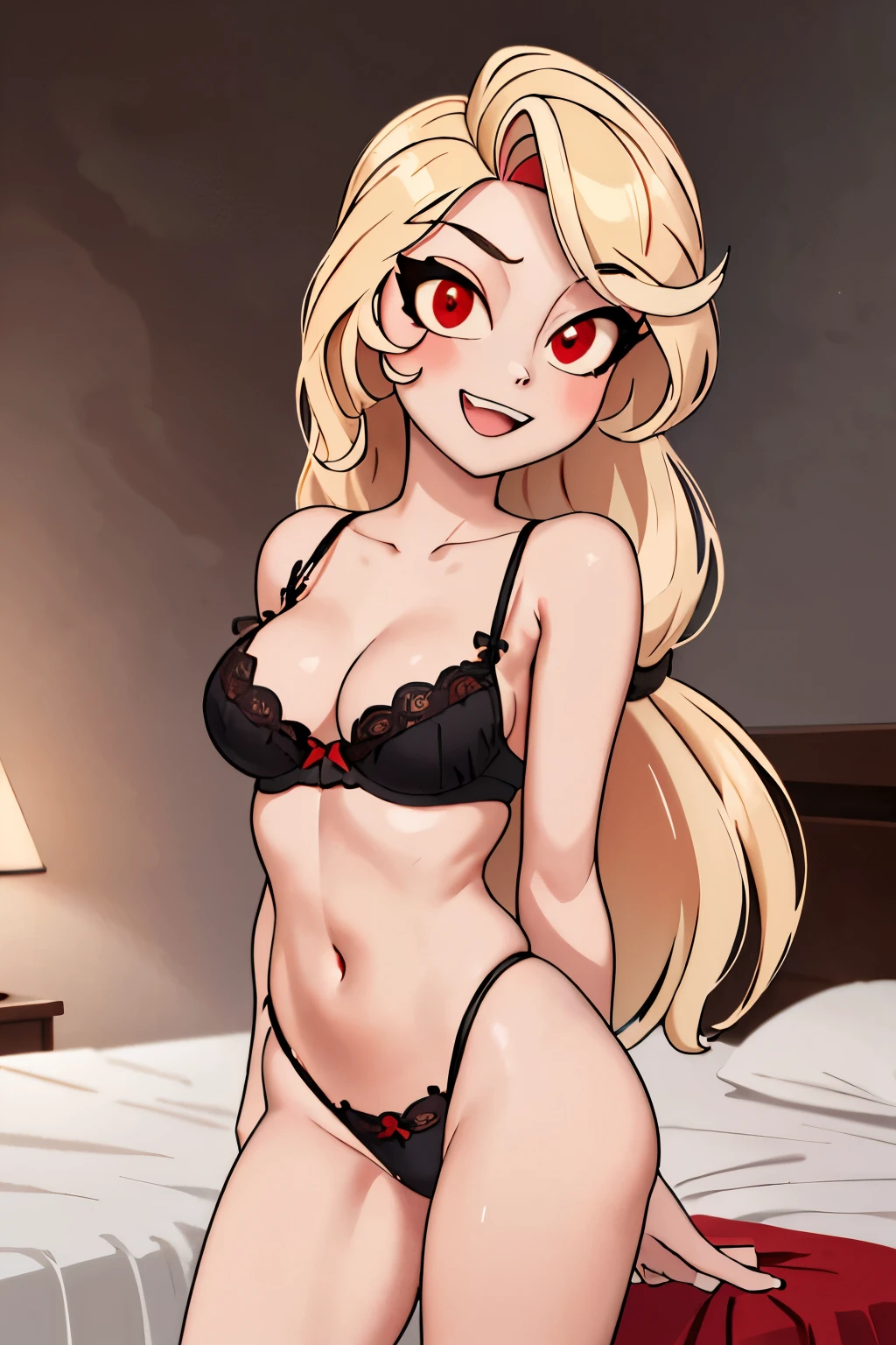 (masterpiece, best quality:1.2), cowboy shot, solo, 1girl, charlie morningstar, \:d, looking at viewer, long hair, red eyes, black two piece lingerie, bedroom eyes, sexy expression, leaning forward, arms behind her back, fang tooth, blonde hair, hotel background