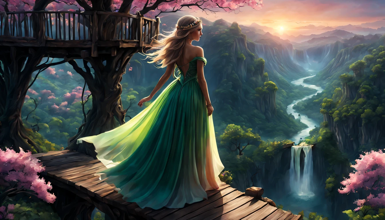 premiado, arte conceitual, belas artes, epic fantasy digital art, bird view，cinematic lighting, Vista descendente，plano super amplo，Viewing angle from afar，profundidade de campos，beautiful young lady (Aurora "A Bela Adormecida" ), (27 anos), ((((corpo inteiro)))), (((usando vestido longo Rosa)), The beauty of an idyllic country fairy tale，((cachoeira))，Pitoresca, pitoresco, Rustic, ((Campo de arroz;1.7)), ((Peach blossom tree)), ((Pequenos rios:1.4)), ((The treehouse is connected to the treehouse by a wooden bridge)), epic,
