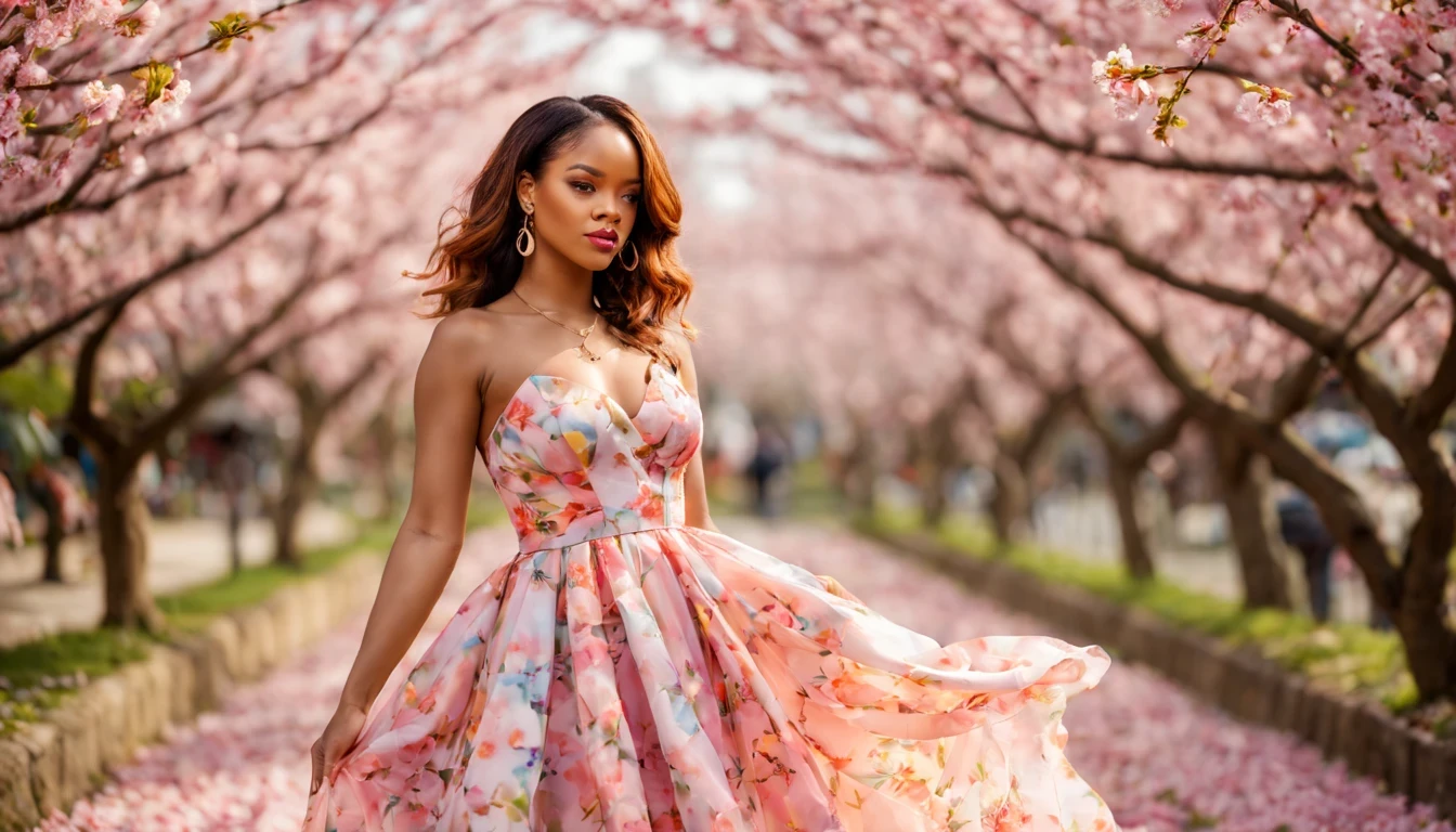 (fotografia de alta qualidade), beautiful young lady (Rihanna), (27 anos), long, colorful dress in pastel tones, o corpo cercado de flores de cerejeiras, standing and posing fantasy in cherry blossom garden, desfoque de profundidade, bokeh, 300 DPI, atmosfera encantadora, foto, 8k, dynamic action,