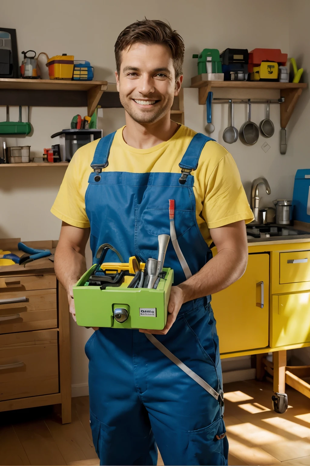 A repairman with a wrench and a hammer,Combinaison verte,Next to it is the toolbox,sourire,corps entier,cartoon,toile de fond propre,
